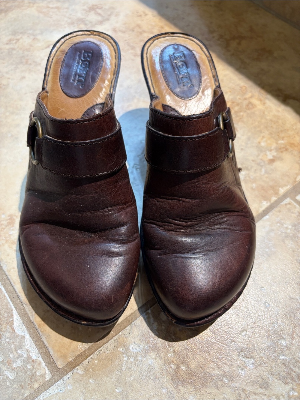 Born Dark Brown Leather Buckle Mule Heels - Picture 2 of 7